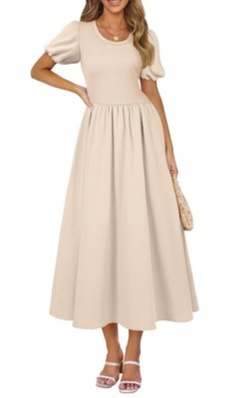 AlvaQ Women Dress Spring Summer Puff Sleeve Midi Dress High Waist Ruffle-SIZE S